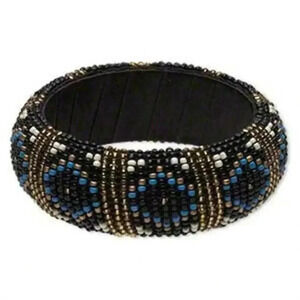 Handcrafted India Beaded Bangle Bracelet Black Gold Blue White Fair Trade
